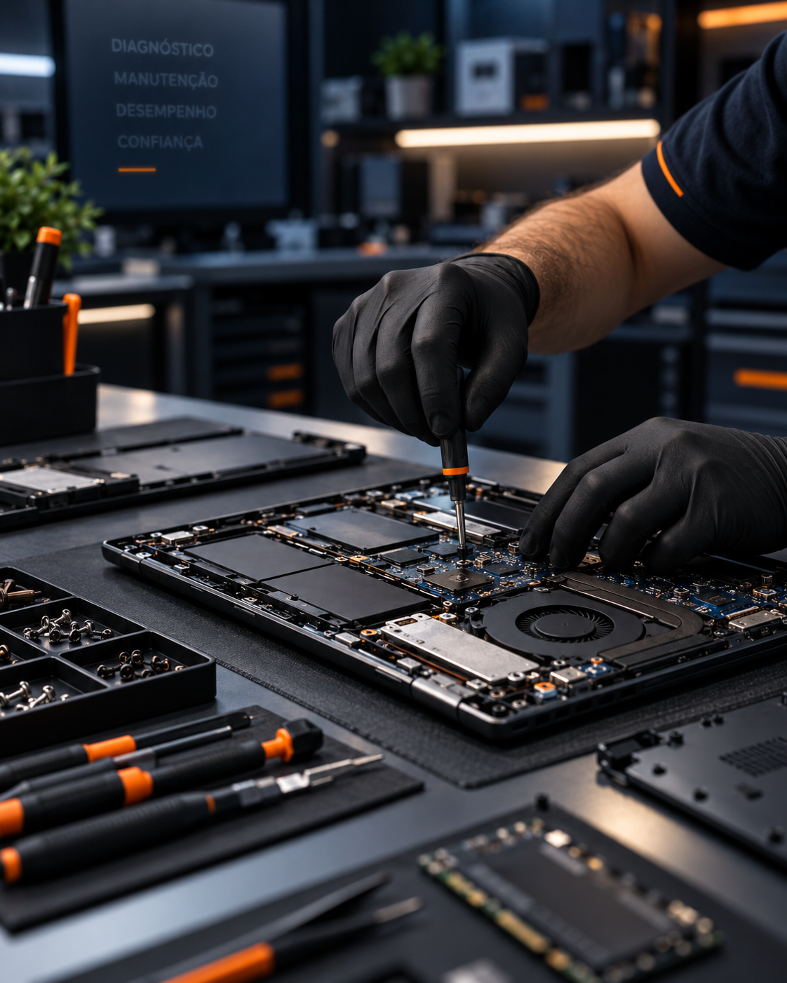 Técnico realizando manutenção eletrônica